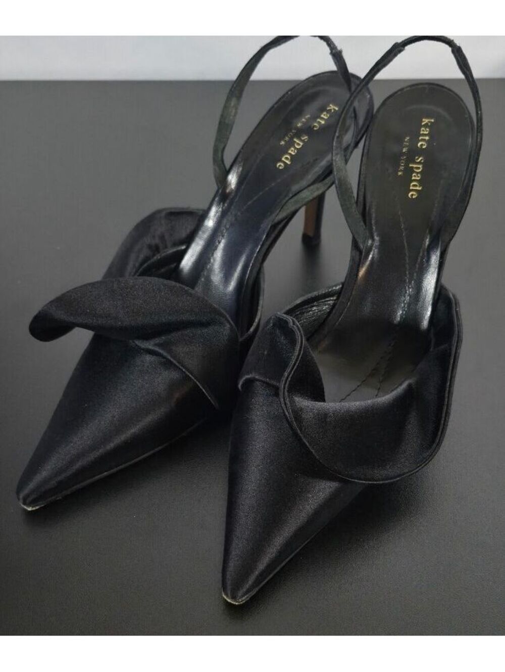 Kate Spade Black Satin Bow Slingback Heels Size 8